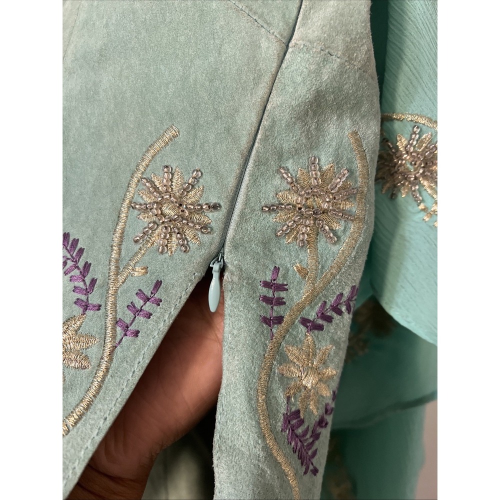 VTG  Wilson's Leather Blue Suede Boho Western‎ Sequin Kimono Sleeve Top Sz Small - Picture 5 of 11